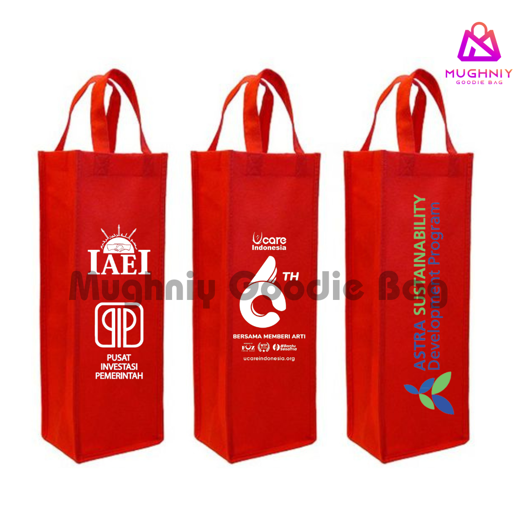 (10x10x30) Spunbond 10 gram - Goodie Bag Tumbler / Tote Bag Botol / Tas Wine include sablon 1 warna dan 1 sisi