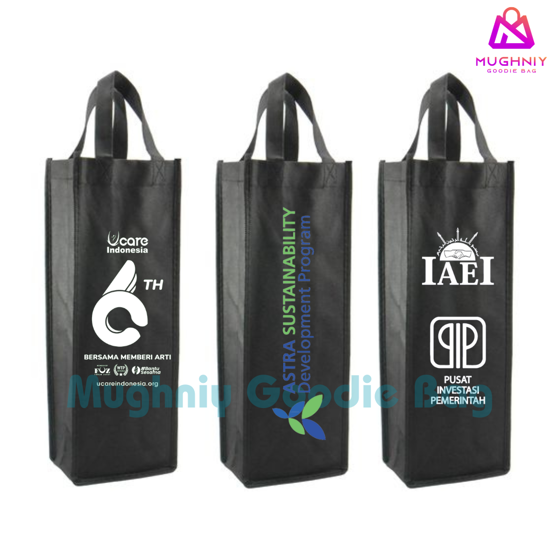 (10x10x30) Spunbond 10 gram - Goodie Bag Tumbler / Tote Bag Botol / Tas Wine include sablon 1 warna dan 1 sisi