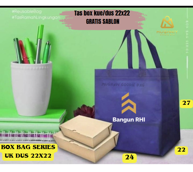 ( 24X22X28) untuk Dus 22x22 Tas Box Kotak / Tas Take Away Bahan Spunbond 75 gram include sablon 2 warna dan 1 sisi