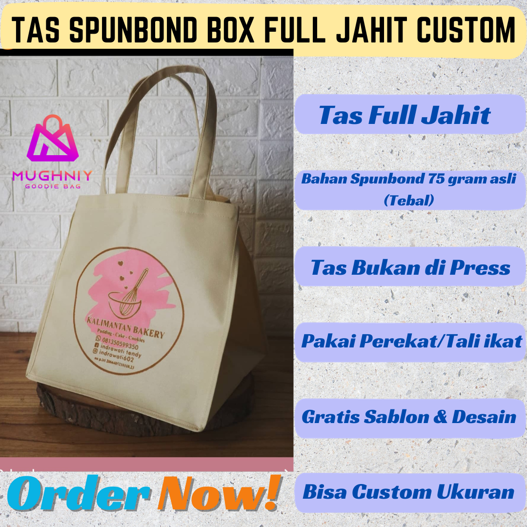 (22x22x30) Tas Box Jahit Spunbond tebal 100 gram custom include sablon 2 warna tinta dan cetak 1 sisi