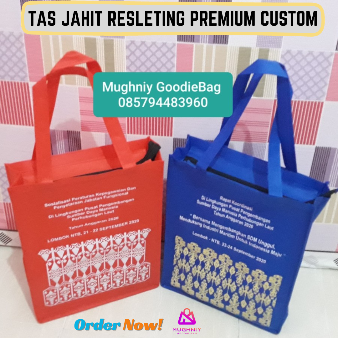 (30x40x10) Resleting Goodie Bag Jahit Bahan Kain Spunbond Non Woven 100 gram include sablon 1 warna dan1  sisi