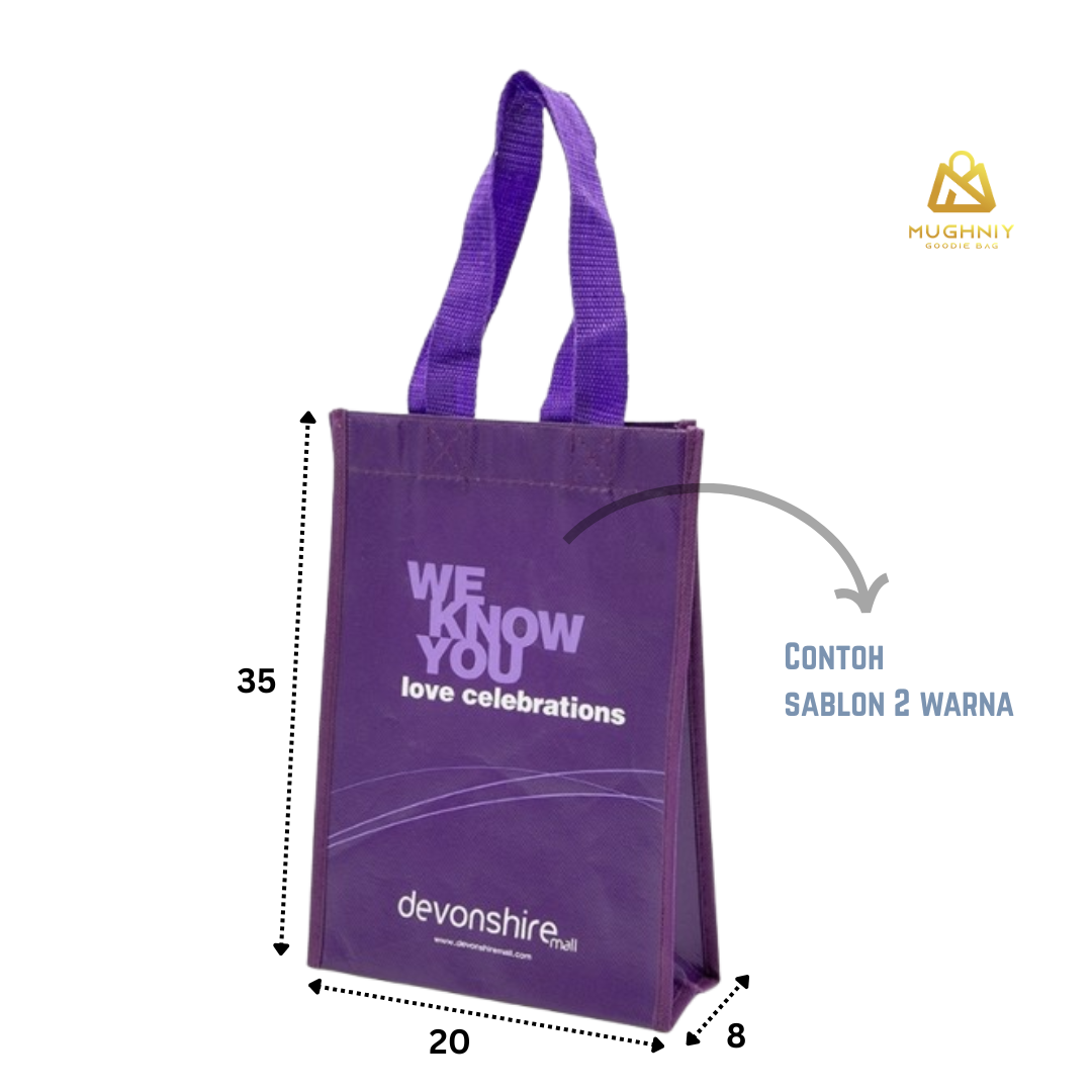 (20x35x8) Goodie Bag Spunbond Jahit 100 gram Tali Kain Bisban include sablon 2 waerna tinta dan 1 sisi
