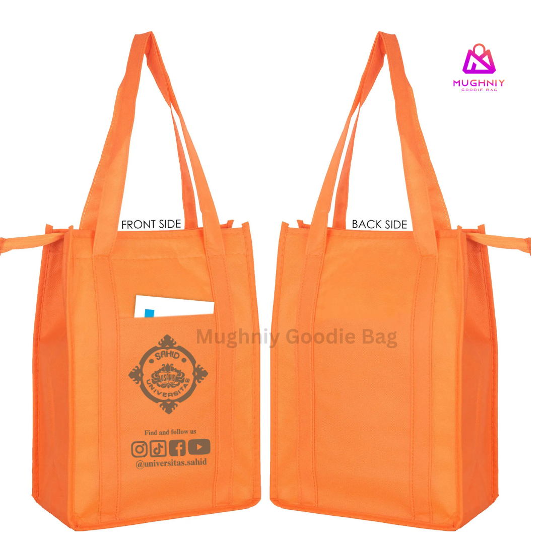 (30x40x10) Tas Resleting - Goodie Bag Jahit Custom Cetak Sablon 1 Warna dan 1 sisi  Model Tali di Badan dan Ada Kantong Di Depan