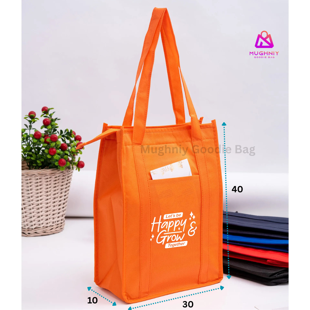 (30x40x10) Tas Resleting - Goodie Bag Jahit Custom Cetak Sablon 1 Warna dan 1 sisi  Model Tali di Badan dan Ada Kantong Di Depan