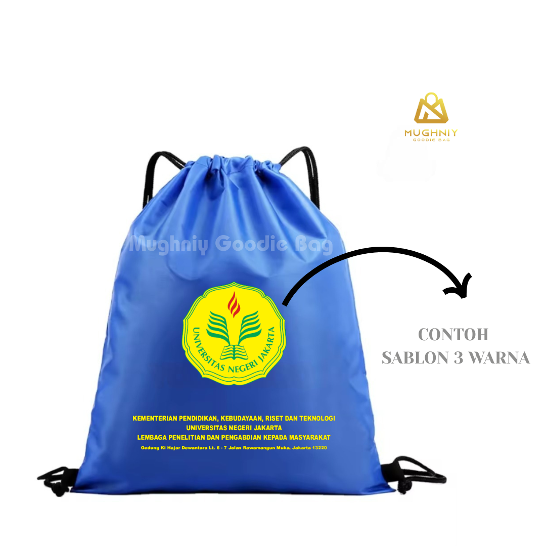 Tas Serut Ransel Drawstring Bag ukuran 33x43 Bahan Kain Taslan Premium Include cetak sablon 3 warna dan 1 sisi