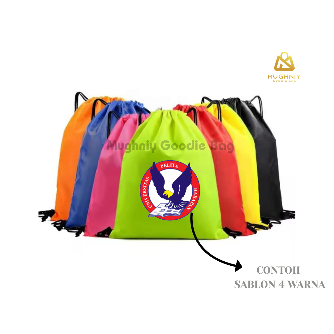 Tas Serut Ransel Drawstring Bag ukuran 33x43 Bahan Kain Taslan Premium Include cetak sablon 4 warna dan 1 sisi