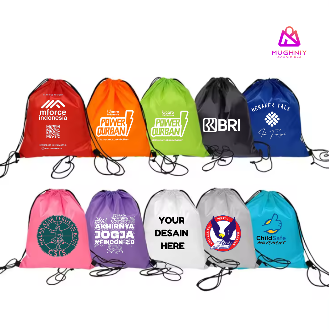 Tas Serut Ransel Kain Parasut Tebal - Drawstring Bag ukuran 33x43 Bahan  Include sablon 1 warna 1 sisi