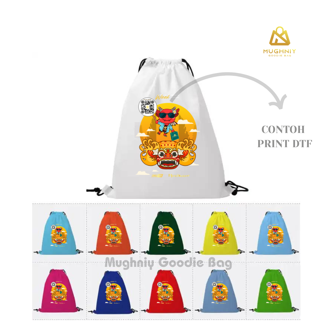 Tas Serut Ransel Drawstring Bag ukuran 33x43 Bahan Kain Taslan Premium Include cetak Full color Area A4 1 sisi