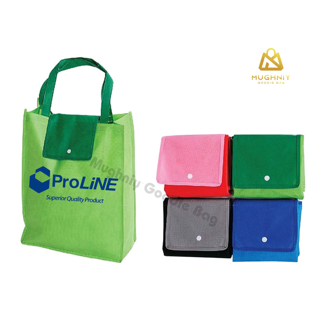 (30x40x10) Foldable Bag Tipe Kancing - Tas Lipat Custom Tutup Atas Bahan Spunbond 100 gram sablon 1 warna 1 sisi