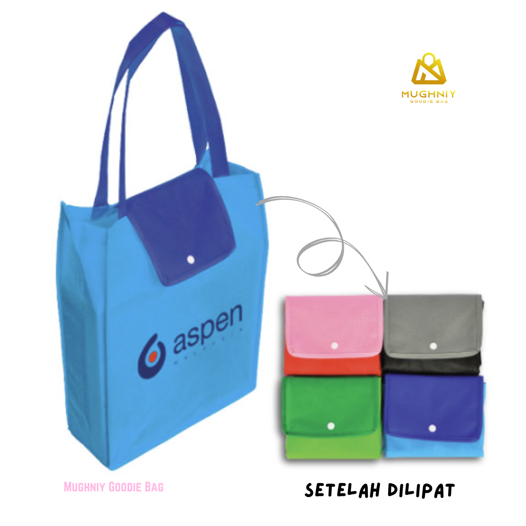 (30x40x10) Foldable Bag Tipe Kancing - Tas Lipat Custom Tutup Atas Bahan Spunbond 100 gram sablon 2 warna 1 sisi