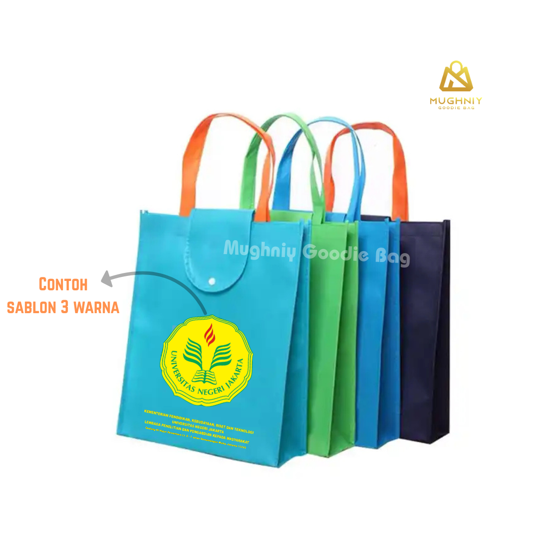 (30x40x10) Foldable Bag Tipe Kancing - Tas Lipat Custom Tutup Atas Bahan Spunbond 100 gram sablon 3 warna 1 sisi