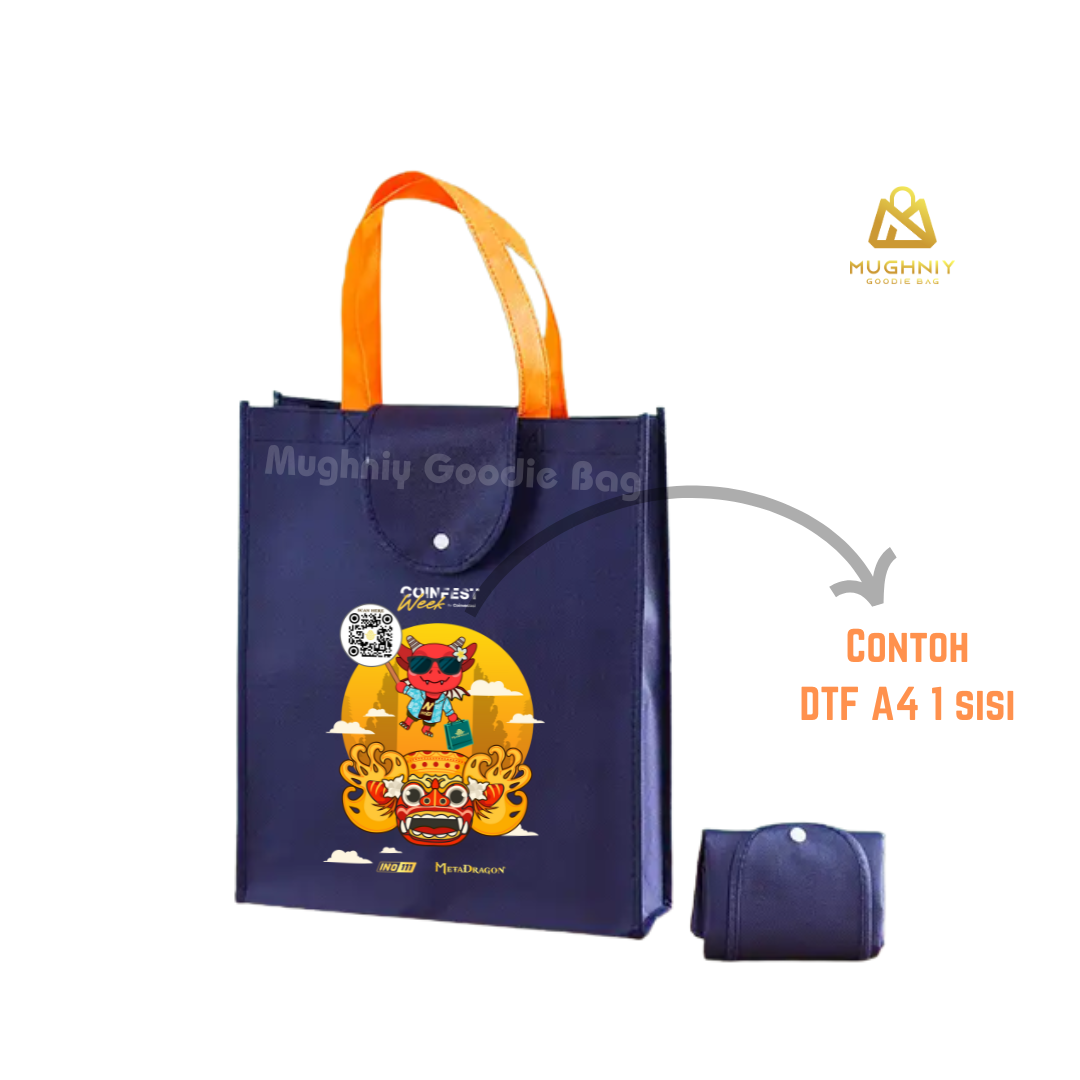 (30x40x10) Foldable Bag Tipe Kancing Cetak DTF A4 1 sisi - Tas Lipat Custom Tutup Atas Bahan Spunbond 100 gram
