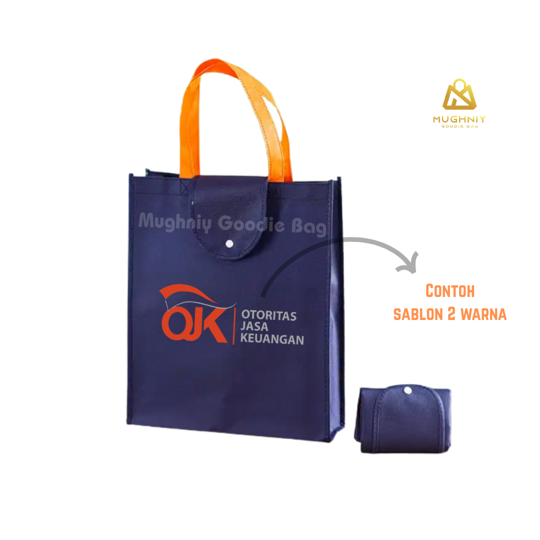 (30x40x10) Foldable Bag Tipe Kancing - Tas Lipat Custom Tutup Atas Bahan Spunbond 100 gram sablon 2 warna 1 sisi
