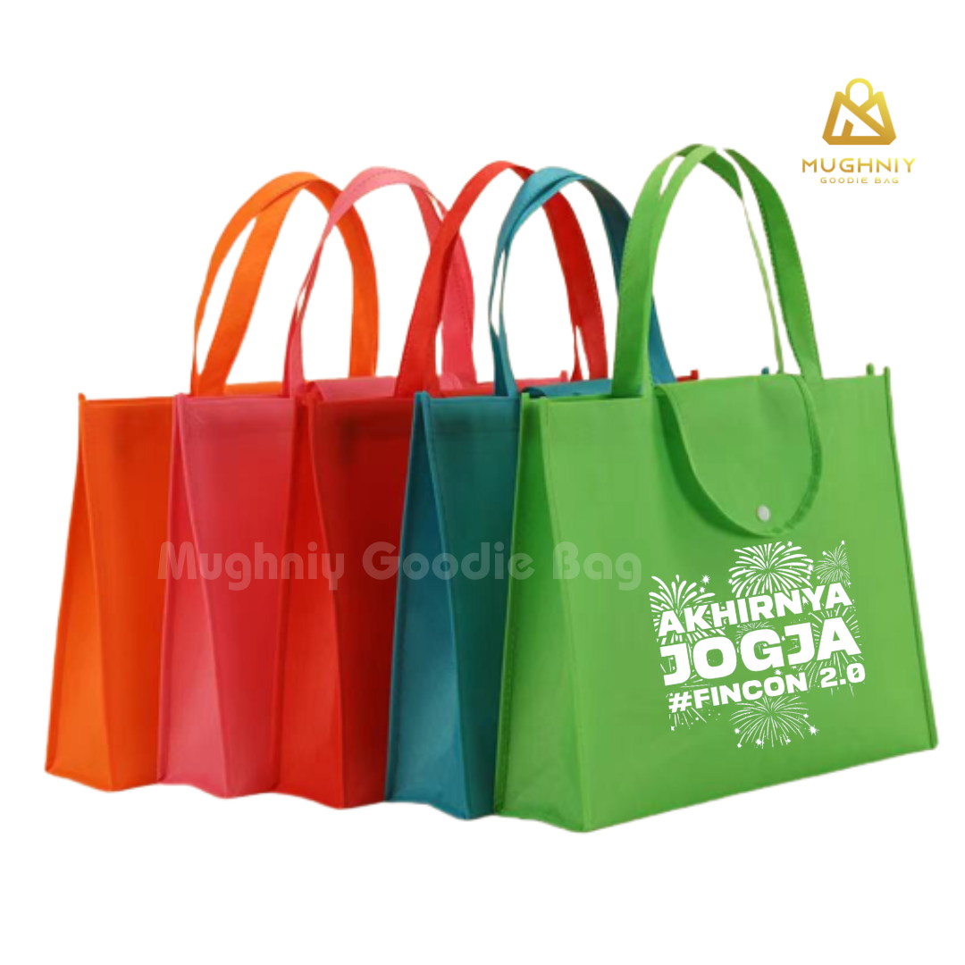 (35x45x10) Foldable Bag Besar Landscape Tipe Kancing  - Tas Lipat Custom Tutup Atas Bahan Spunbond 100 gram sablon 1 warna 2 sisi