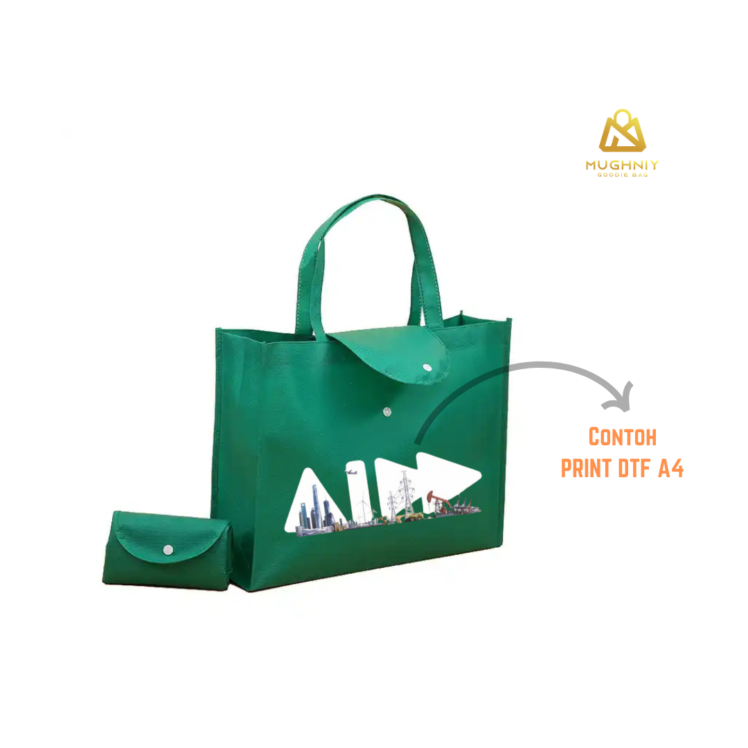 (35x45x10) Foldable Bag Besar Landscape Tipe Kancing Cetak DTF A4 1 sisi  - Tas Lipat Custom Tutup Atas Bahan Spunbond 100 gram 