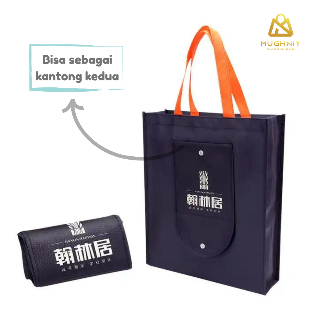 (30x40x10) Foldable Bag Tipe Kancing sablon 1 warna 1 sisi - Tas Lipat Custom Dompet Tengah Bahan Spunbond 100 gram 