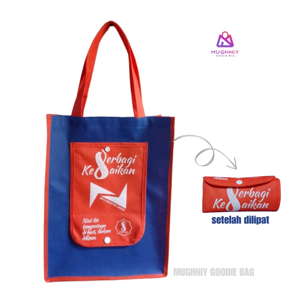 (30x40x10) Foldable Bag Tipe Kancing sablon 1 warna 1 sisi - Tas Lipat Custom Dompet Tengah Bahan Spunbond 100 gram 
