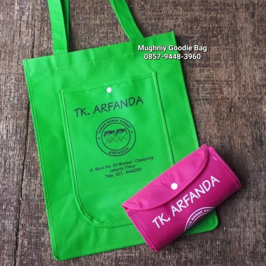 (30x40x10) Foldable Bag Tipe Kancing sablon 1 warna 2 sisi - Tas Lipat Custom Dompet Tengah Bahan Spunbond 100 gram 