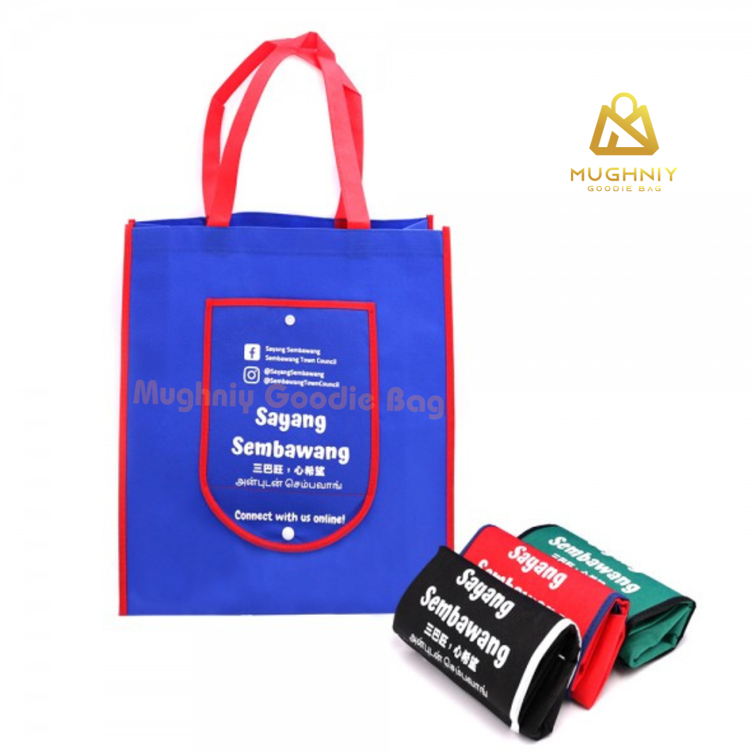 (30x40x10) Foldable Bag Tipe Kancing 1 warna 1 sisi Tipe Kombinasi- Tas Lipat Custom Dompet Tengah Bahan Spunbond 100 gram sablon 