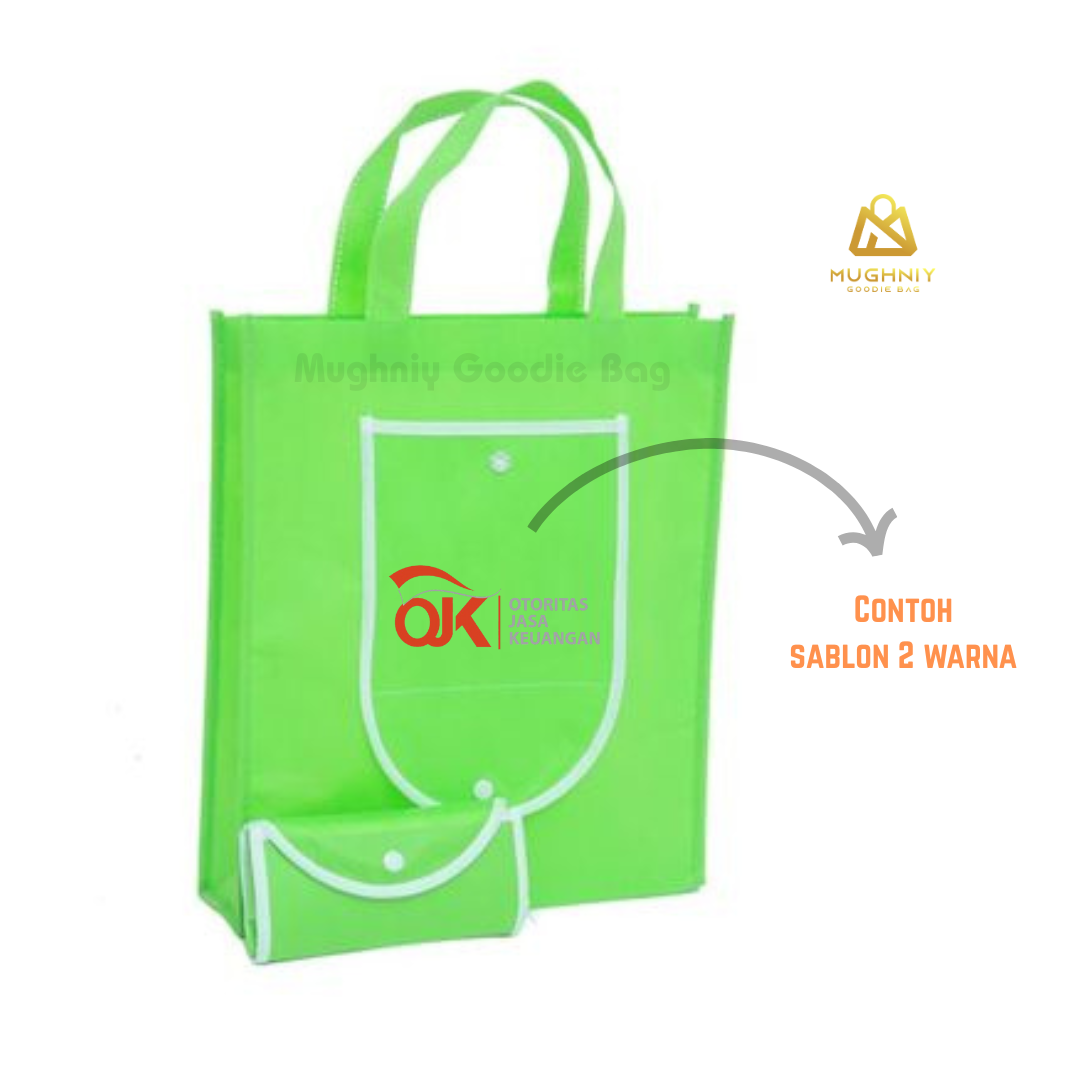 (30x40x10) Foldable Bag Tipe Kancing  sablon 2 warna 1 sisi Tipe Kombinasi - Tas Lipat Custom Dompet Tengah Bahan Spunbond 100 gram