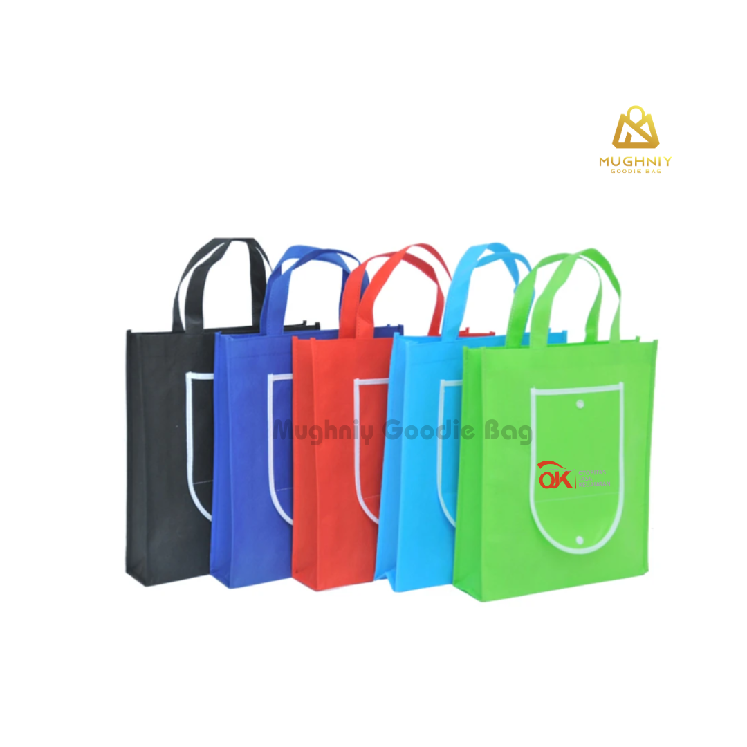 (30x40x10) Foldable Bag Tipe Kancing  sablon 2 warna 1 sisi Tipe Kombinasi - Tas Lipat Custom Dompet Tengah Bahan Spunbond 100 gram