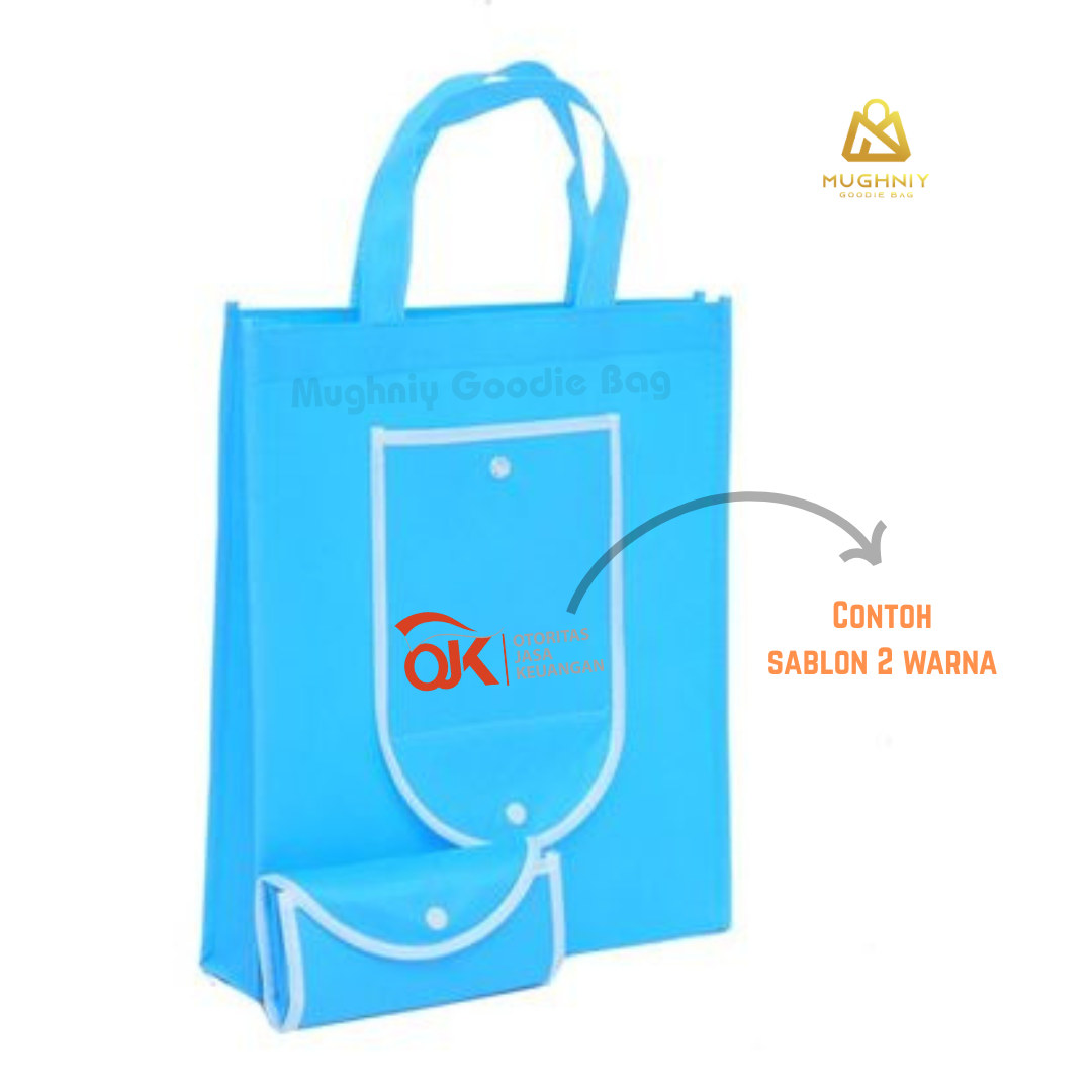 (30x40x10) Foldable Bag Tipe Kancing  sablon 2 warna 1 sisi Tipe Kombinasi - Tas Lipat Custom Dompet Tengah Bahan Spunbond 100 gram