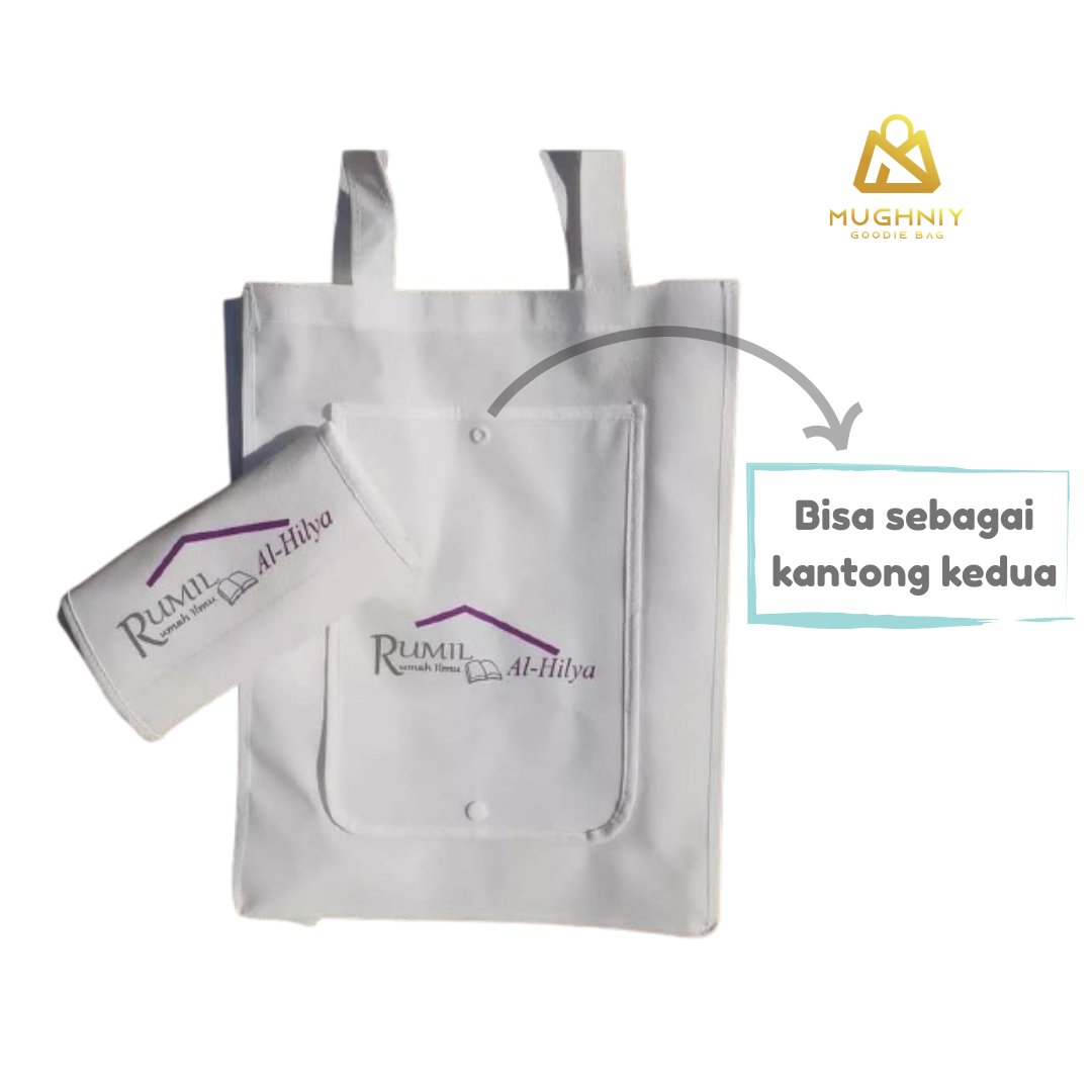 (30x40x10) Foldable Bag Tipe Kancing sablon 2 warna 1 sisi  - Tas Lipat Custom Dompet Tengah Bahan Spunbond 100 gram 