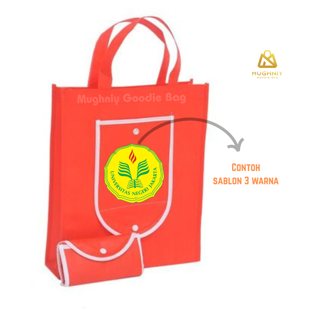 (30x40x10) Foldable Bag Tipe Kancing sablon 3 warna 1 sisi - Tas Lipat Custom Dompet Tengah Bahan Spunbond 100 gram