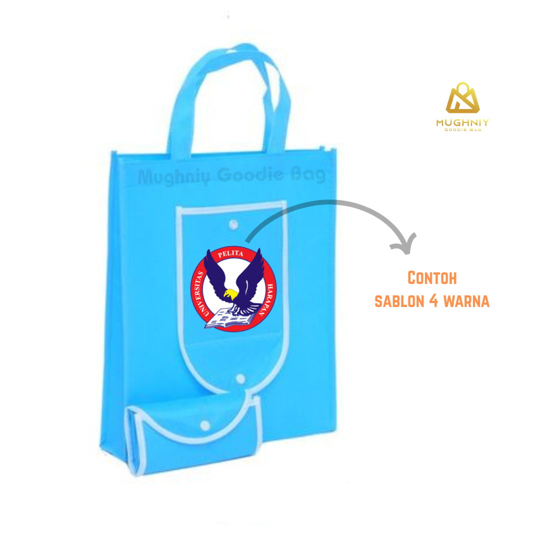 (30x40x10) Foldable Bag Tipe Kancing sablon 4 warna 1 sisi  - Tas Lipat Custom Dompet Tengah Bahan Spunbond 100 gram 