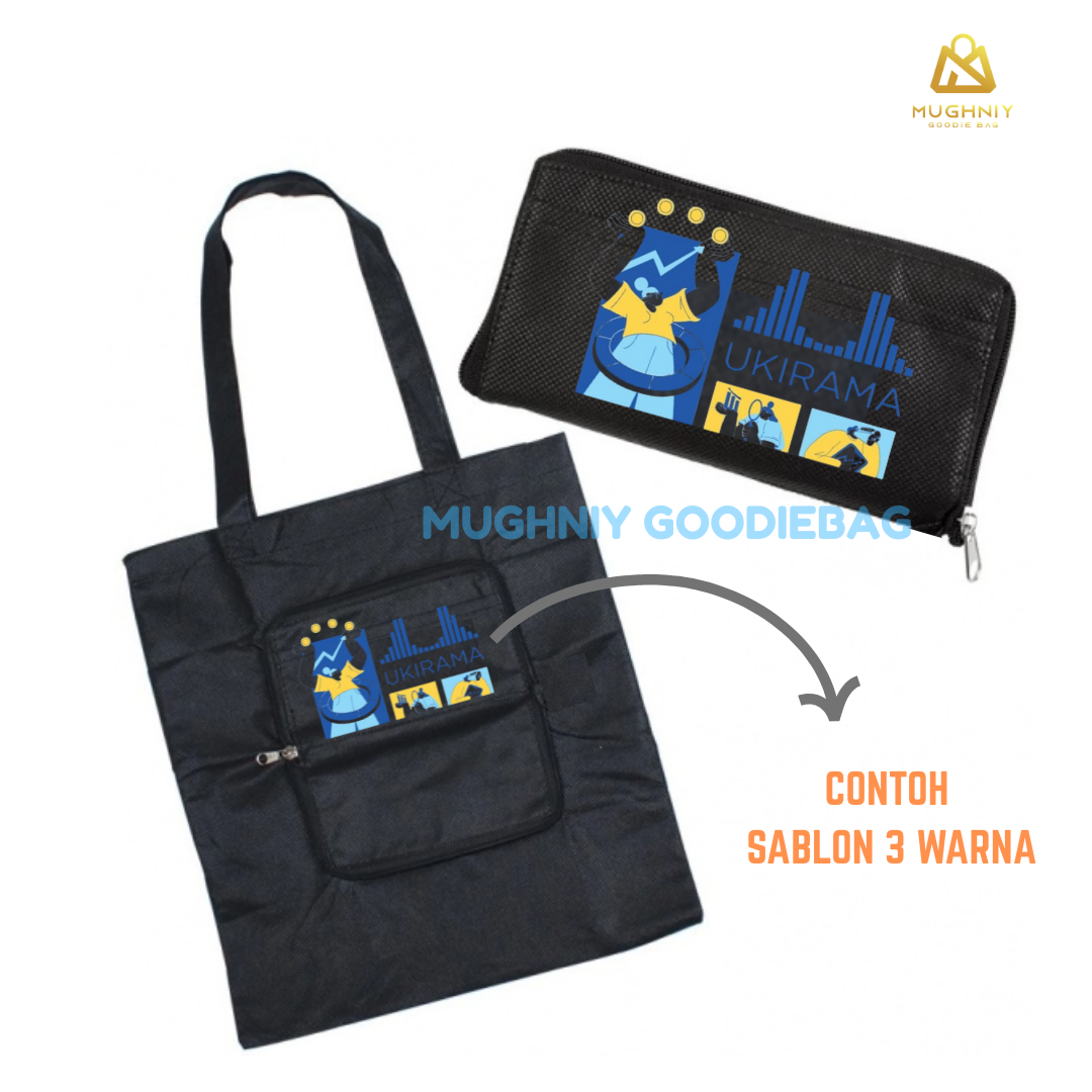 (30x40x10) Foldable Bag Resleting include Cetak sablon 3 warna dan 1 sisi - Tas Lipat Custom Bahan Kain Spunbond 100 gram