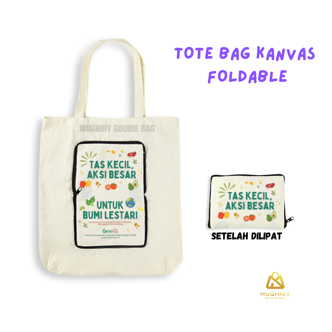 (30x40) Tas Kanvas Lipat  Resleting include Cetak Full Color A4 1 sisi - Foldable Bag Zipper Bahan Kanvas Terpal