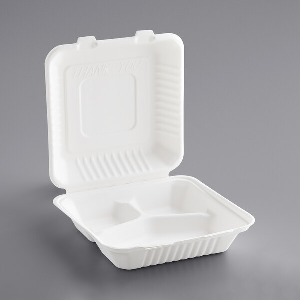 9" x 9" x 3" 3-Com Bagasse Take-Out Box - 200/Case