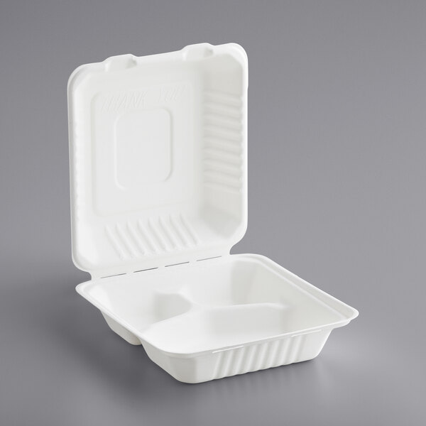 8" x 8" x 3" 3-ComBagasse Take-Out Box - 200/Case