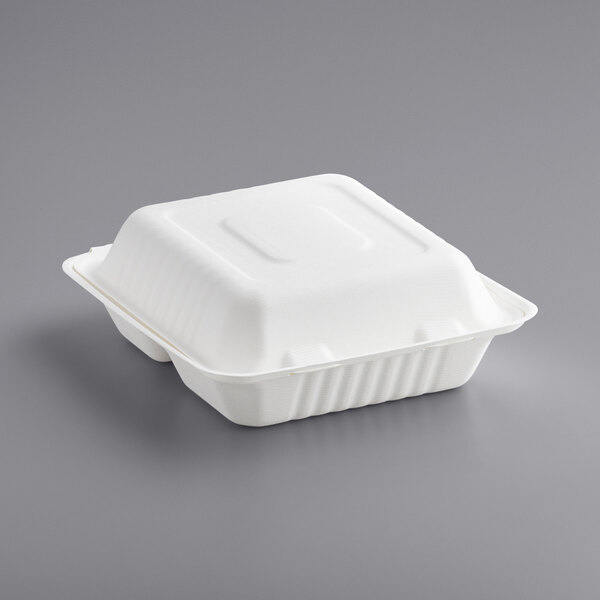 8" x 8" x 3" 3-ComBagasse Take-Out Box - 200/Case