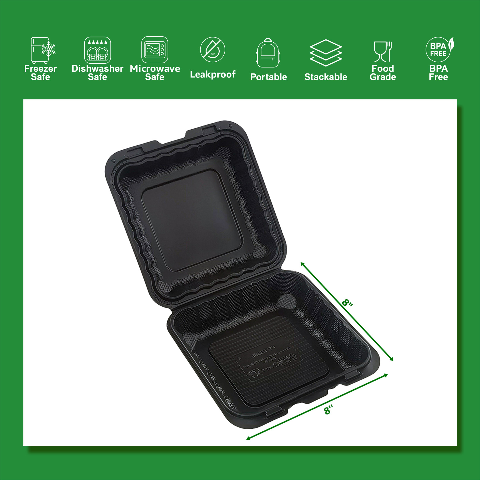 8"×8" ONE COMPARTMENT HINGED CONTAINER BLACK