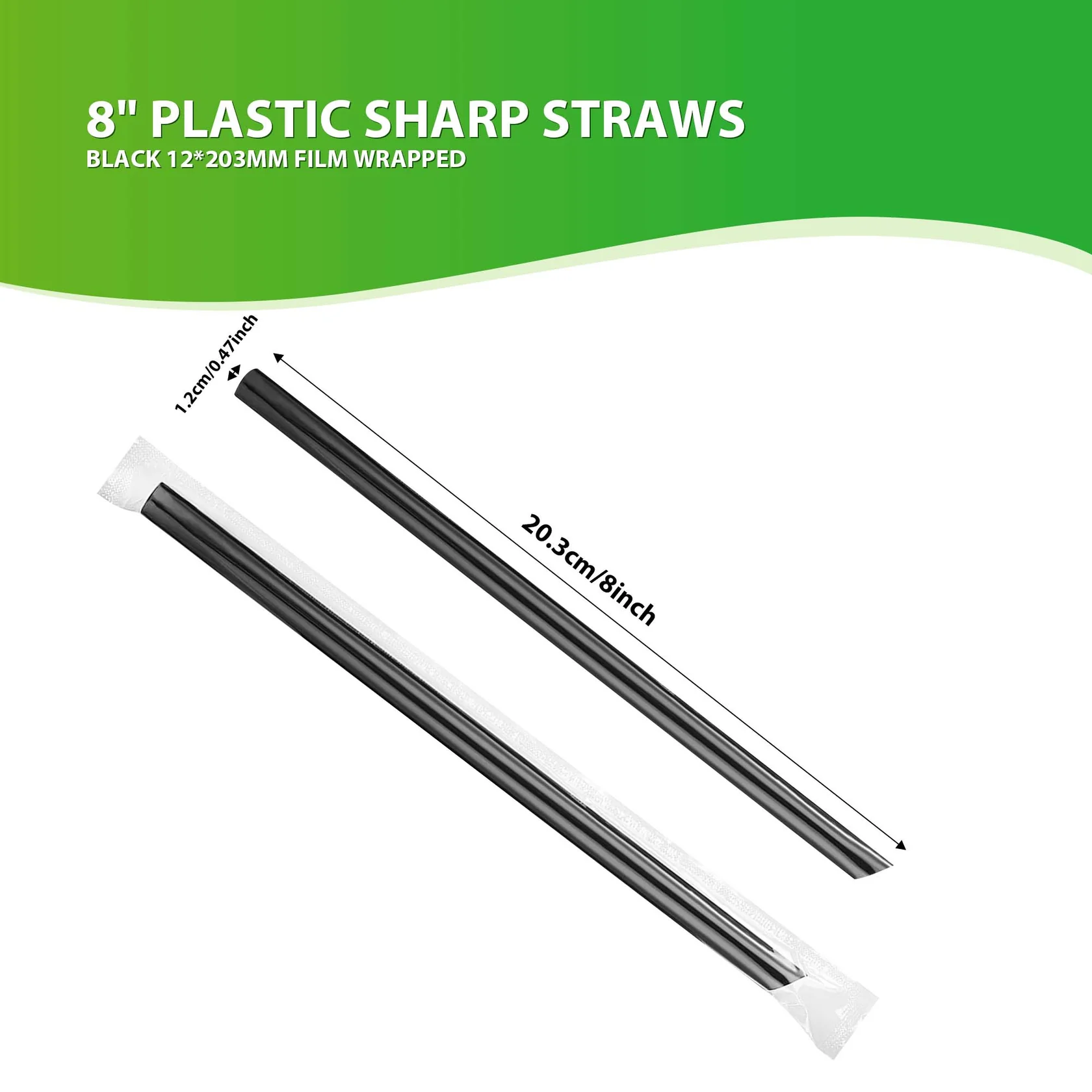 8" PLASTIC BOBA STRAWS BLACK 12*203MM FILM WRAPPED 2400/Case