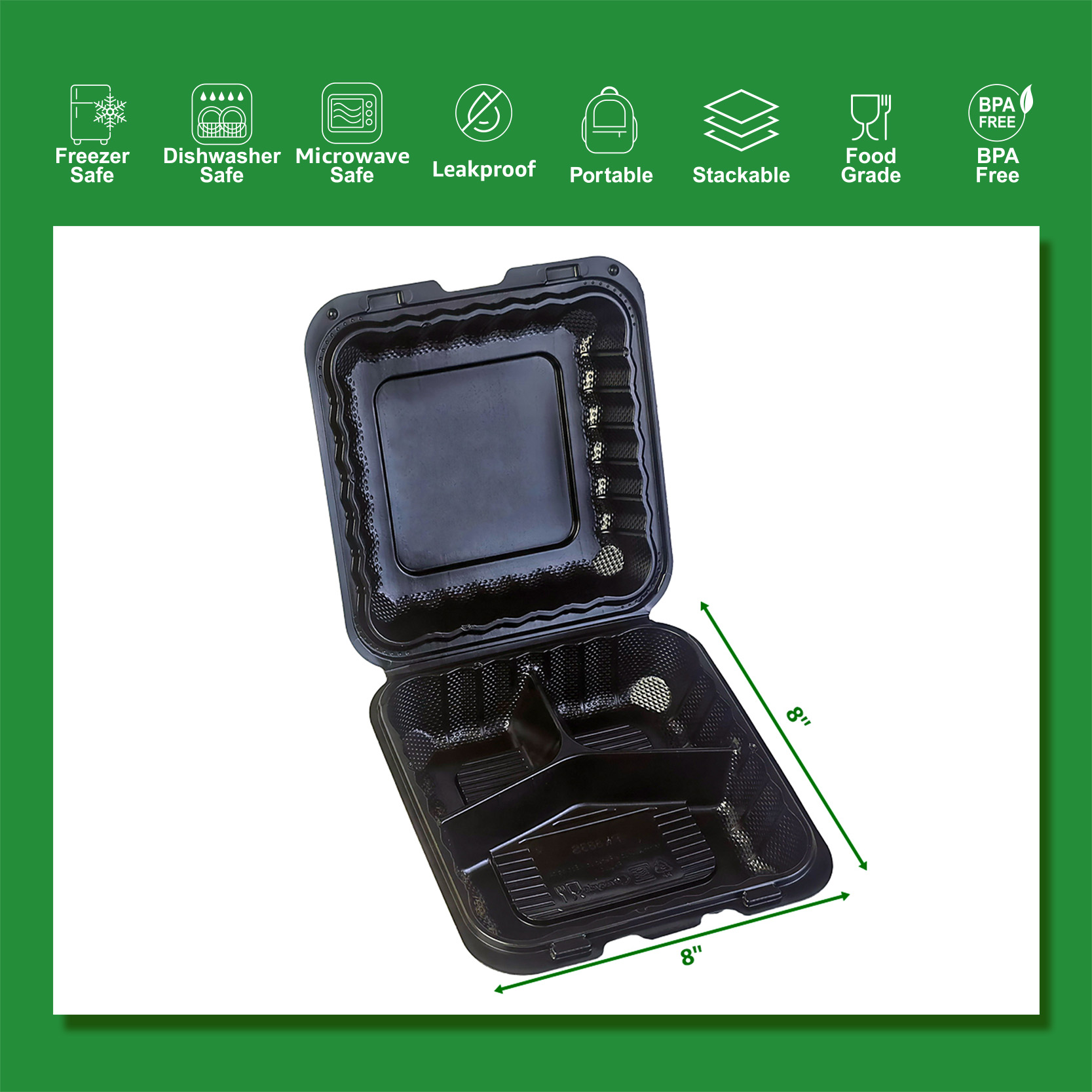 8"×8" THREE COMPARTMENT HINGED CONTAINER BLACK