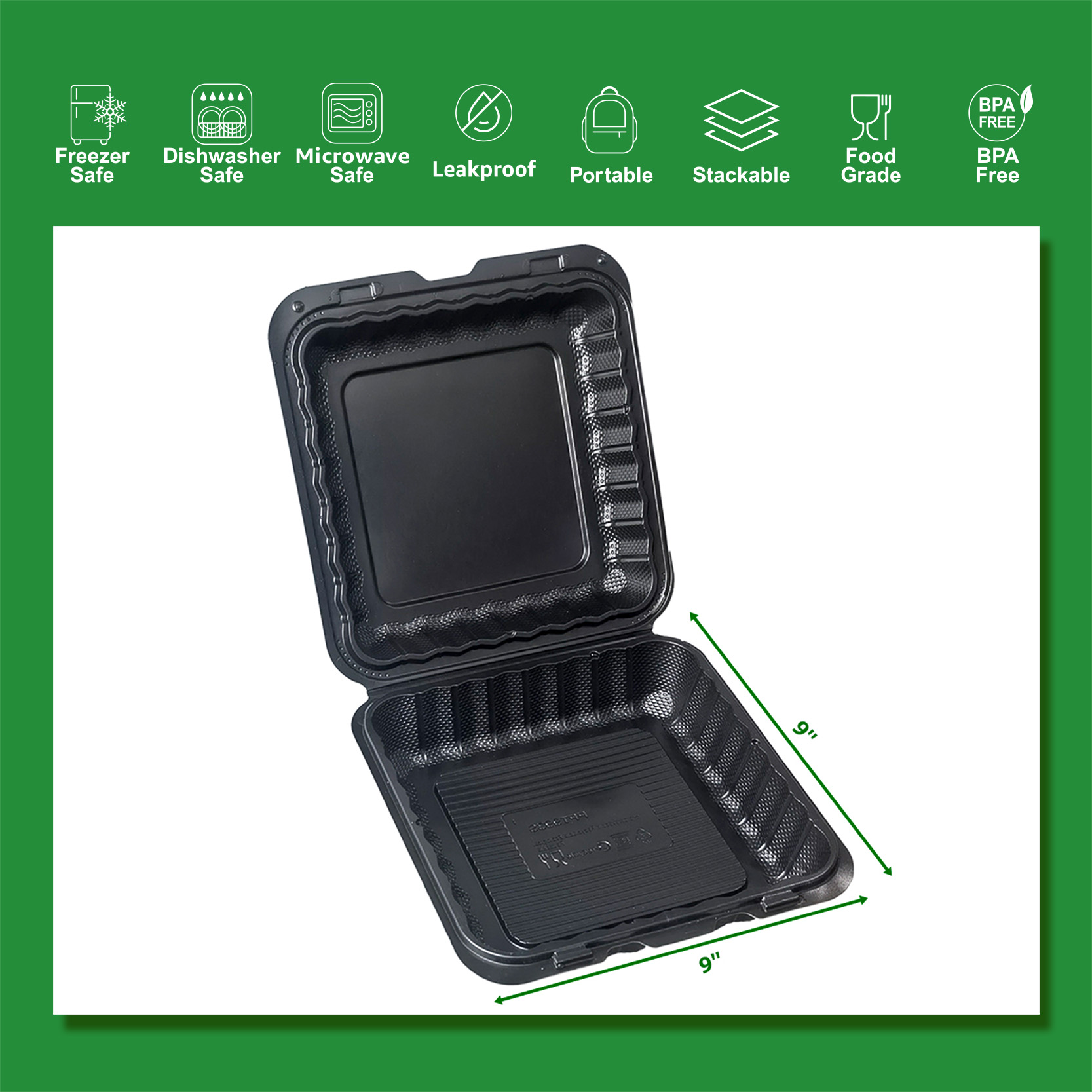 9"×9" ONE COMPARTMENT HINGED CONTAINER BLACK 150/Case