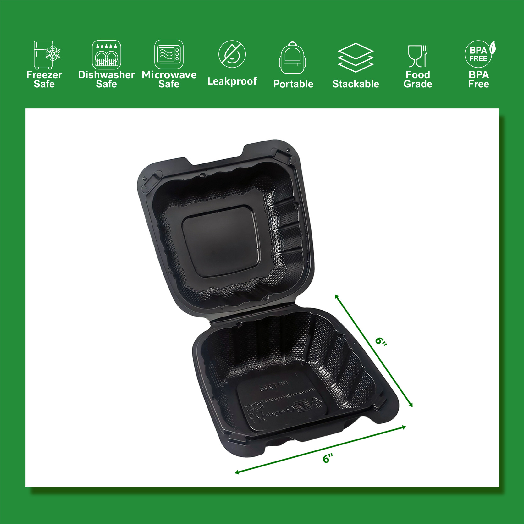 6"×6" ONE COMPARTMENT HINGED CONTAINER BLACK 250/Case