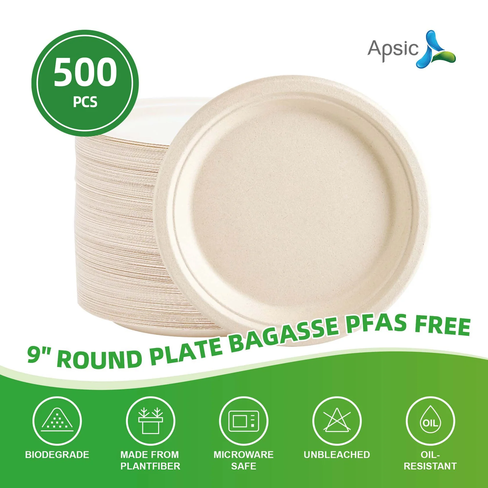 COMPOSTABLE DINNER PLATE 9" ROUND PLATE BAGASSE PFAS FREE 500/Case
