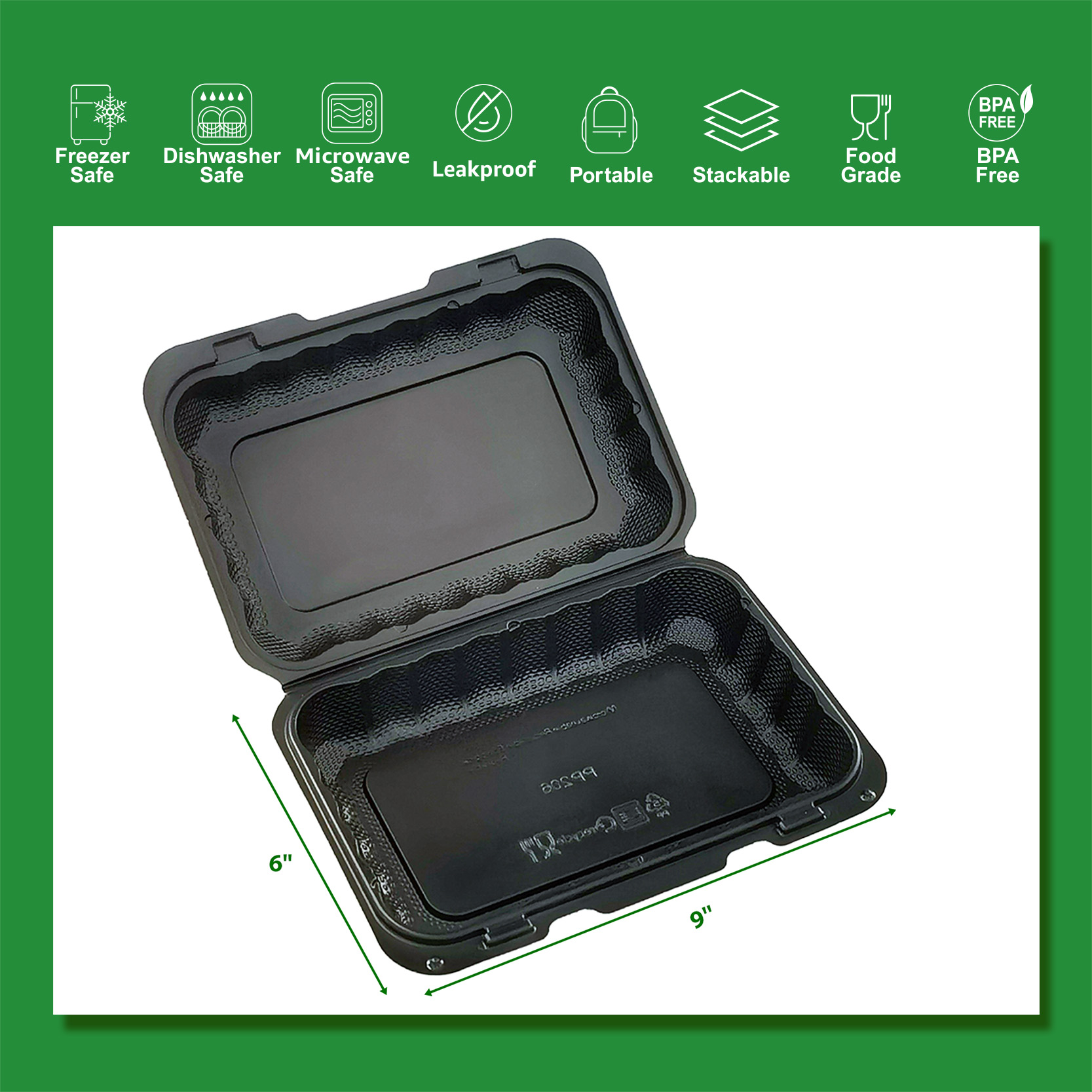 9"×6" ONE COMPARTMENT HINGED CONTAINER BLACK 150/Case