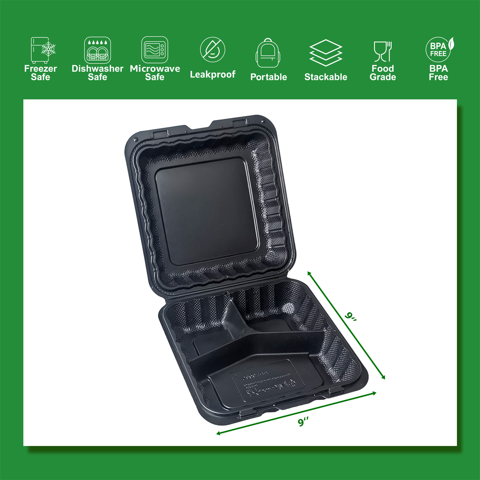 9"×9" THREE COMPARTMENT HINGED CONTAINER BLACK 150/Case