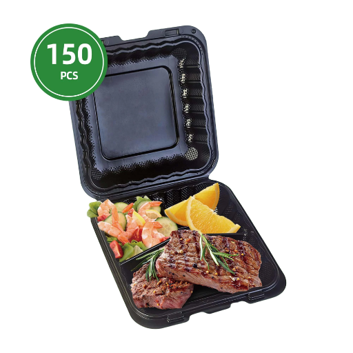  9"×9" THREE COMPARTMENT HINGED CONTAINER BLACK 150/Case