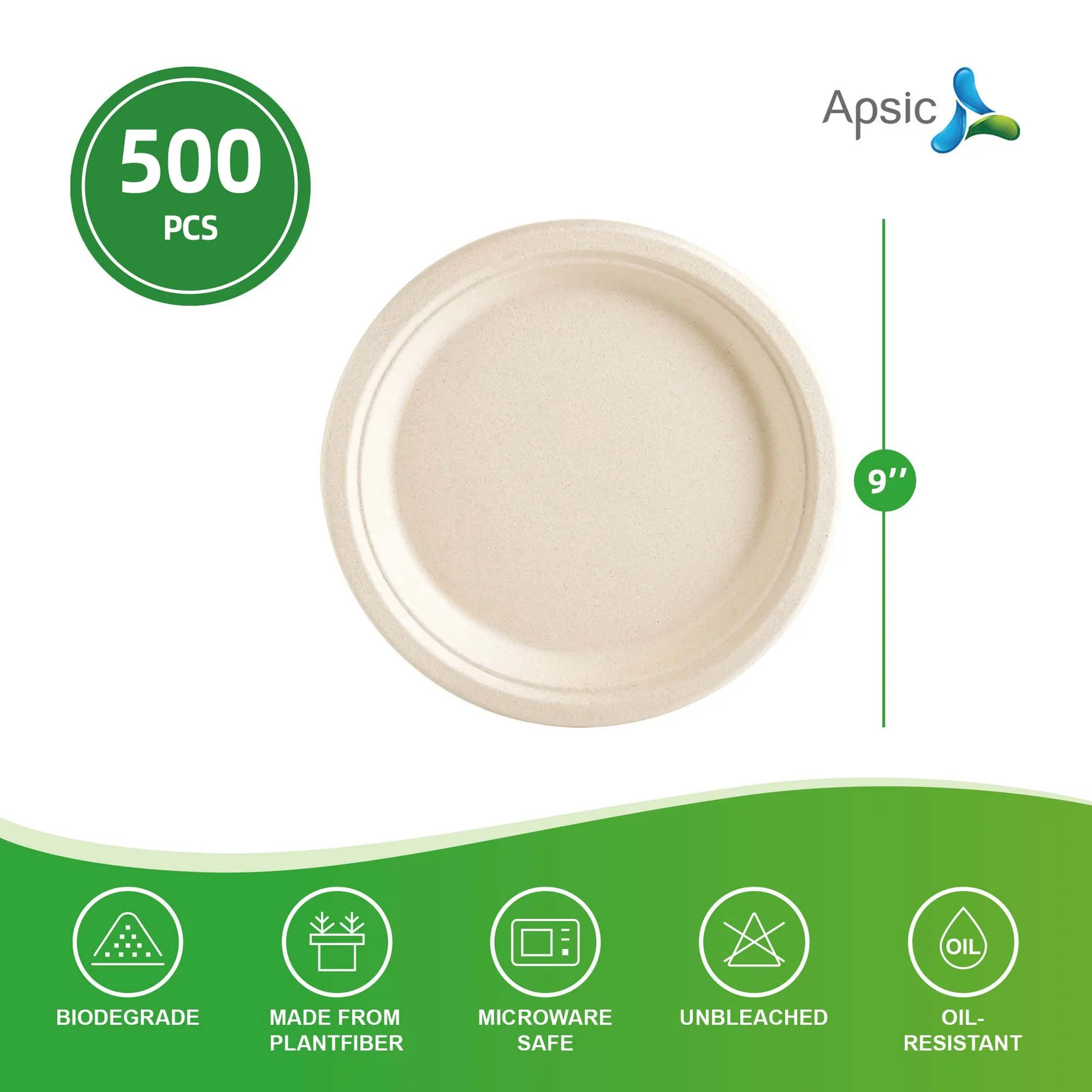 COMPOSTABLE DINNER PLATE 9" ROUND PLATE BAGASSE PFAS FREE 500/Case