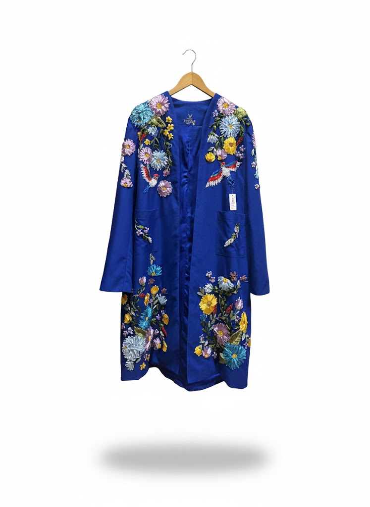 Happier Heritage: Hand-Embroidered Silk Coat with 3D Ribbon Florals(DARK-BLUE)