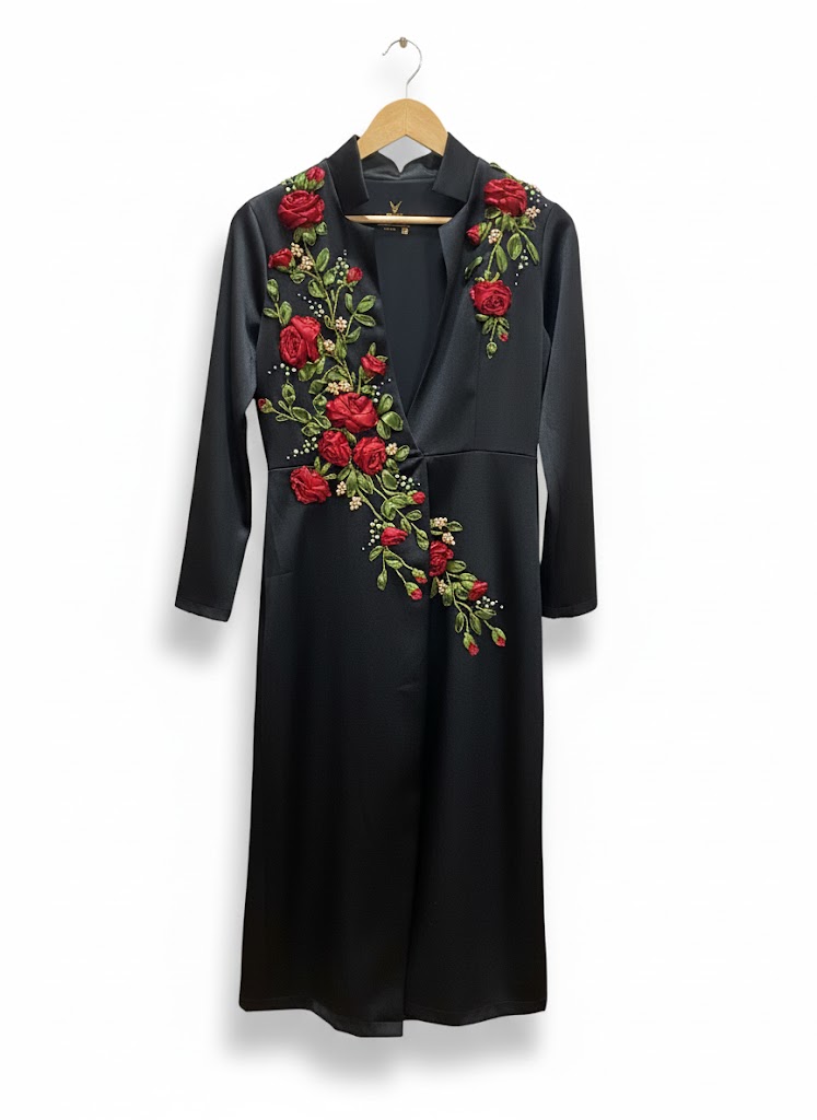Happier Heritage: Hand-Embroidered Silk Coat with 3D Ribbon Florals(DARK)