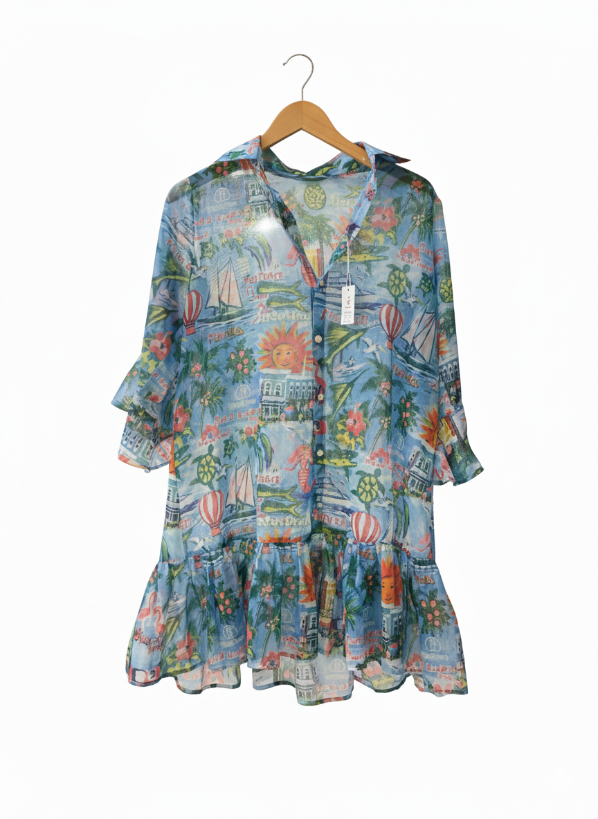 Girls Tropical Print Ruffle Sleeve Tiered Dress