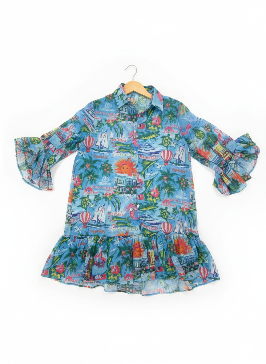 Girls Tropical Print Ruffle Sleeve Tiered Dress