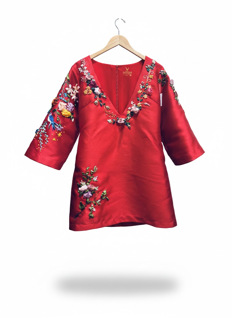 Happier Heritage: Hand-Embroidered Silk Coat with 3D Ribbon Florals(RED-VELVET)