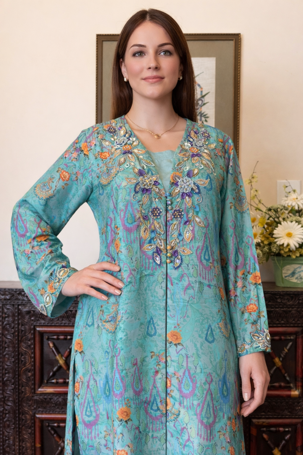 3-Piece Ensemble Korean Raw Silk Printed Suit